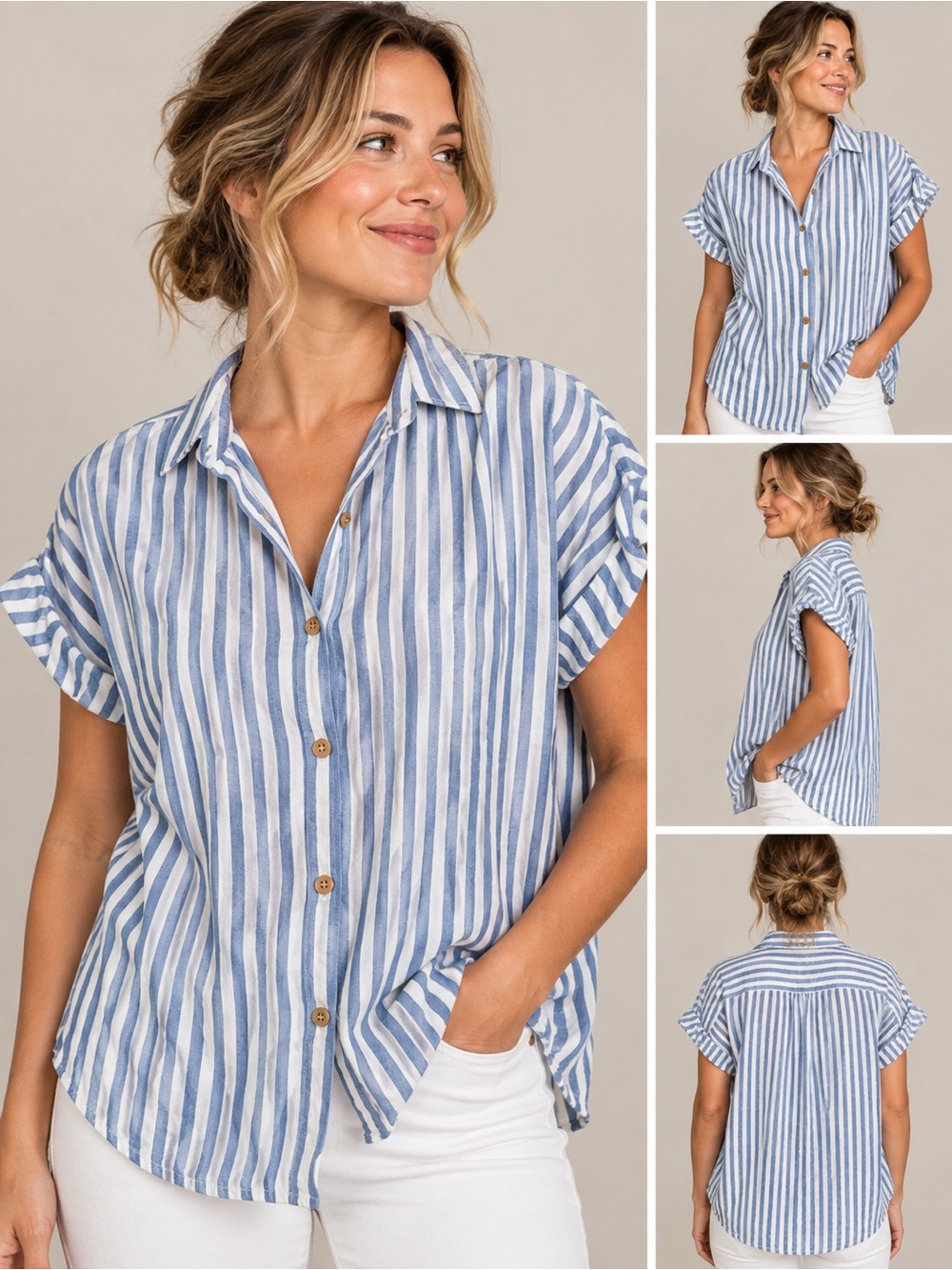 BeachLunchLounge Women’s Large Blue White Striped Button Down Shirt Relaxed Fit